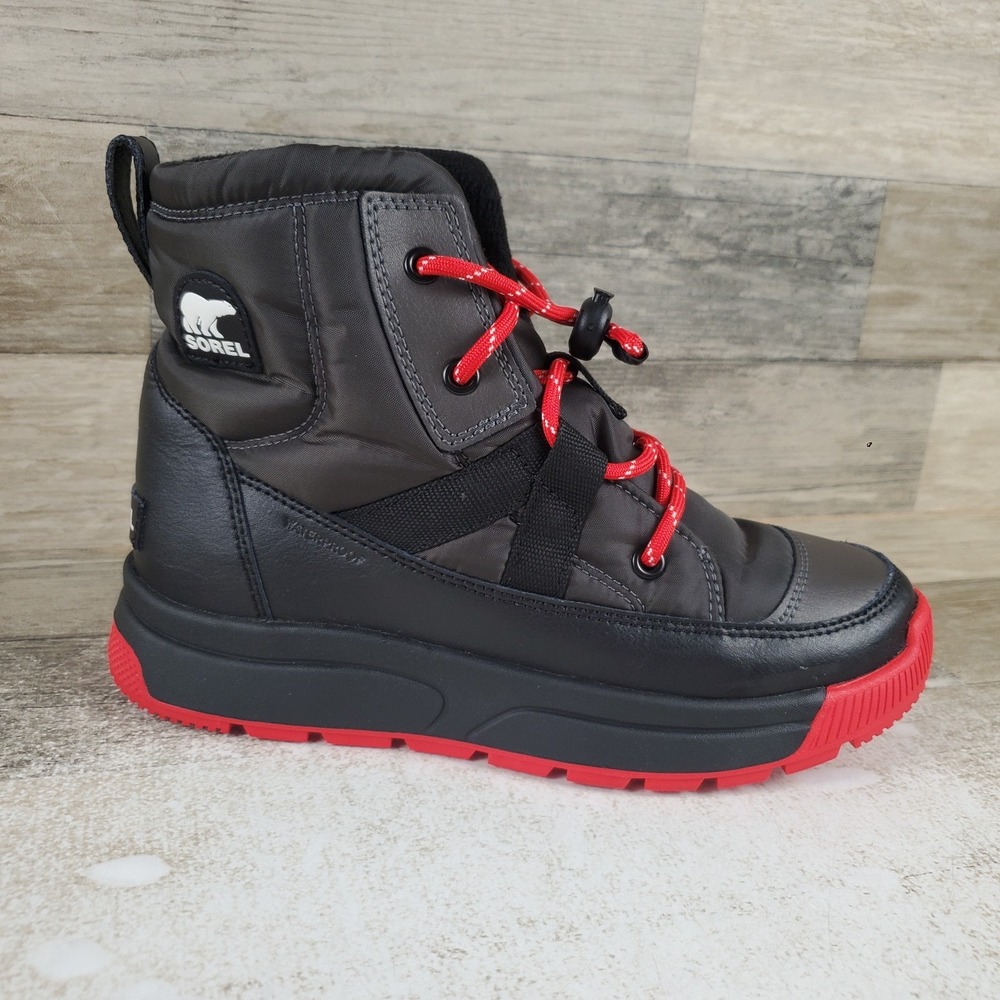 Sorel Whitney Iii Mid Boys Snow Boot Sz 5 Black Fleece Lined Waterproof Lace Up